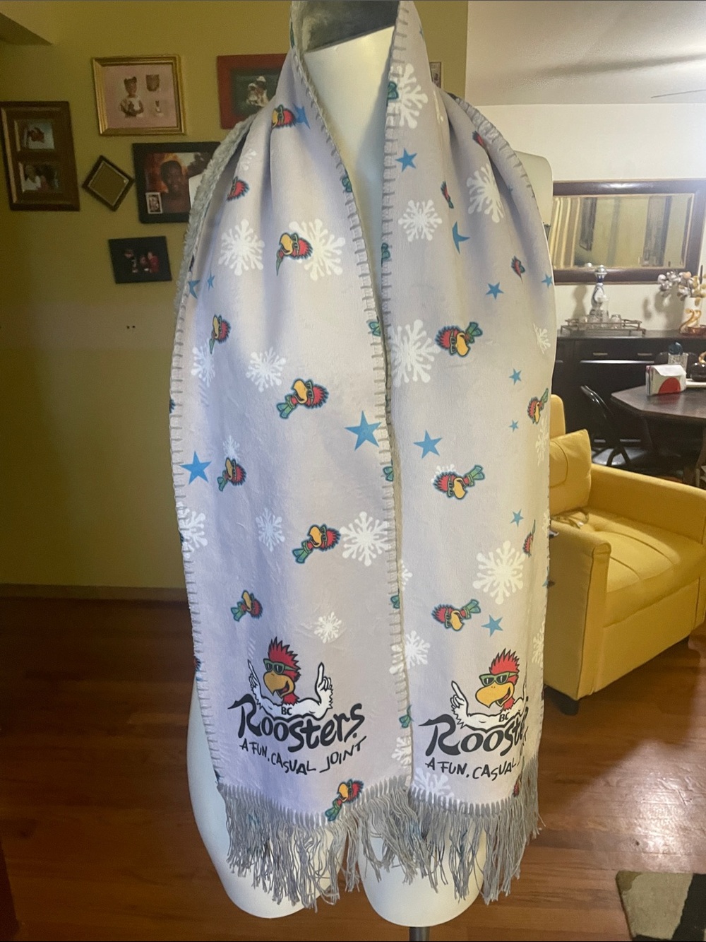 Roosters Light Gray Winter Scarf with Fringe and Star/Snowflake Print